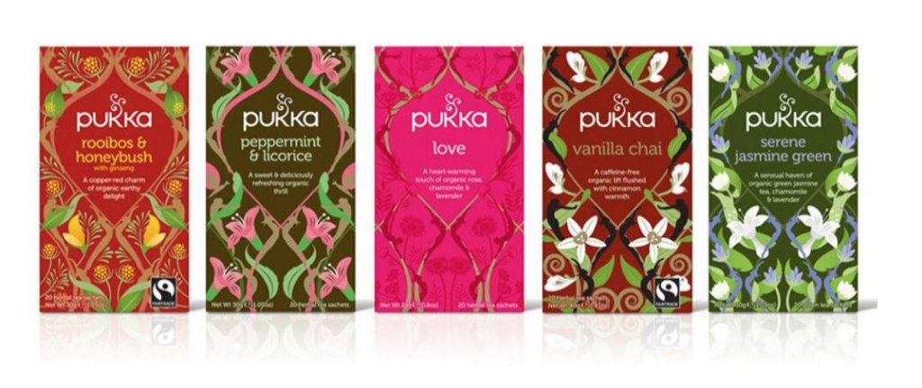 "Pukka" tea brand with maximalist packaging design with various flowers, herbs, repetitive designs, and no white space 