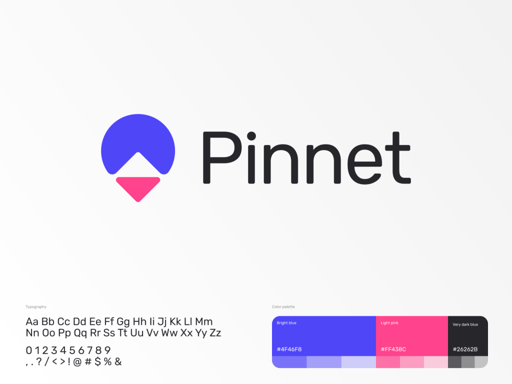 Logo design titled "Pinnet" of a pin point design in the colors purple and pink.