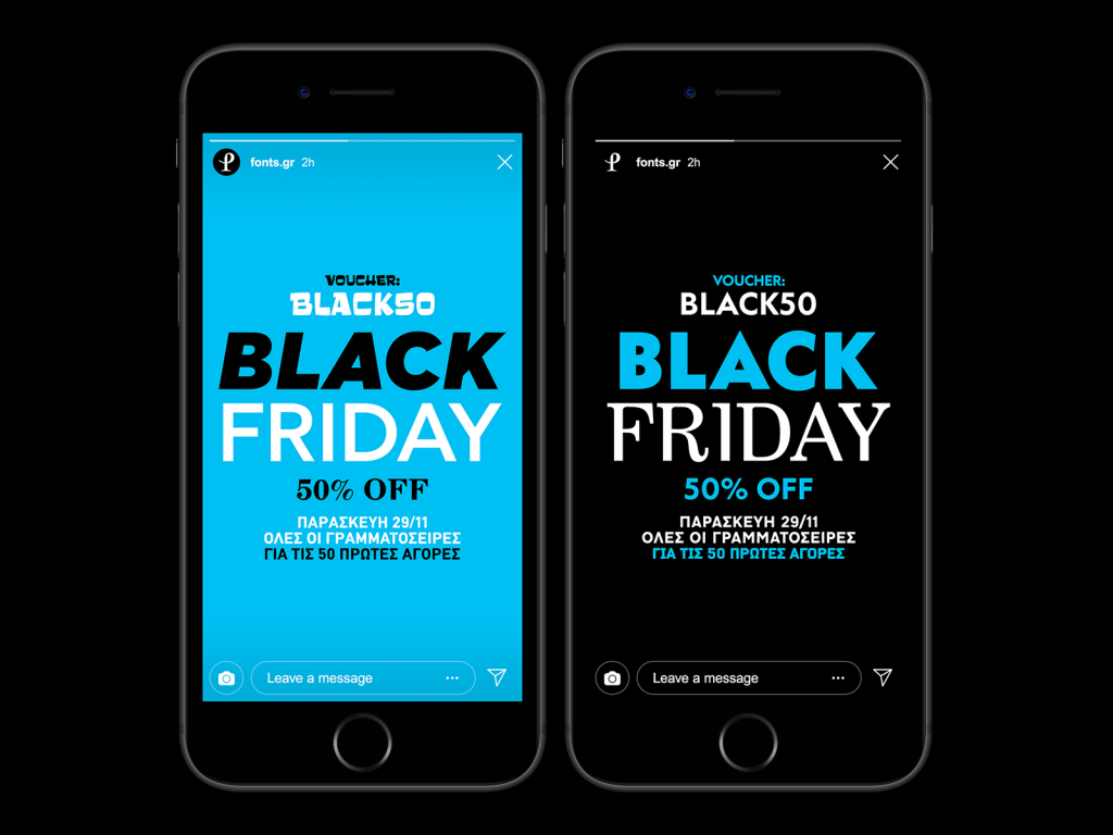 Instagram story graphic design mockup on iPhone with text stating "Voucher" Black50 Black Friday 50% Off" with black and blue backgrounds and different styles of sans serif and serif typefaces