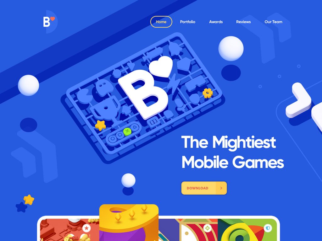 Web design graphic with "The Mightiest Mobile Games" and various 2D and 3D elements