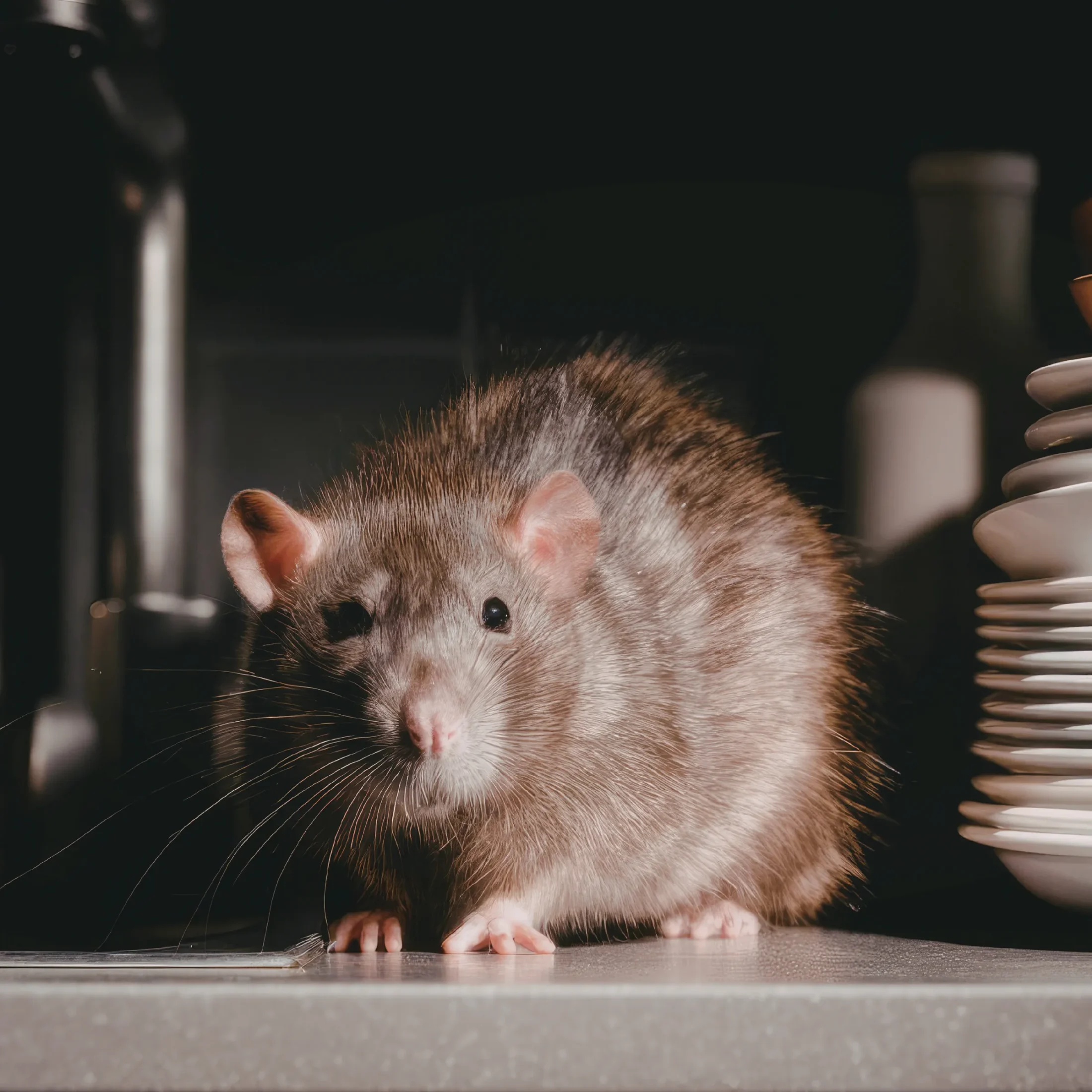 Rat inside home kitchen during winter rodent infestation